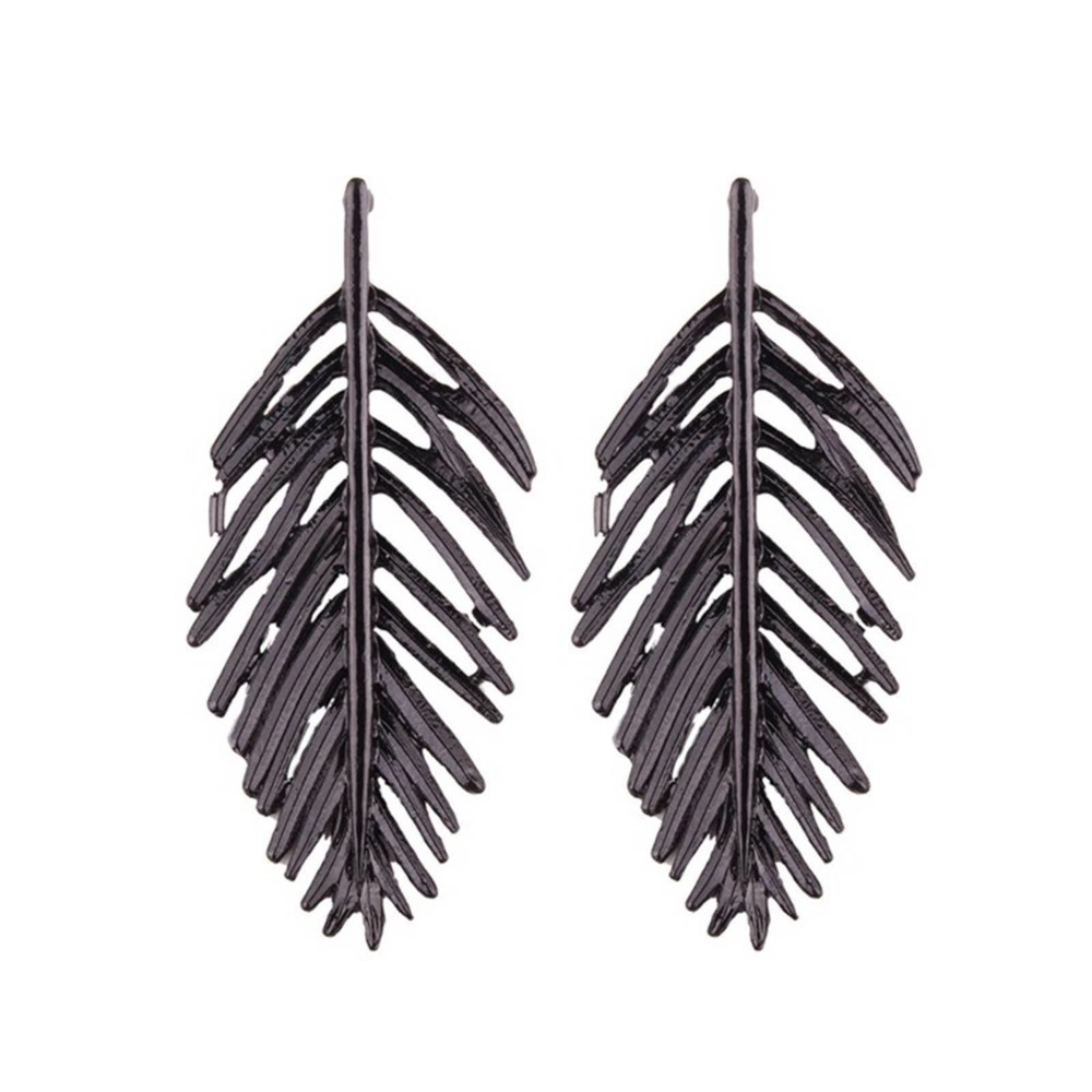 Sleek Black Exaggerated Long Leaf Earring